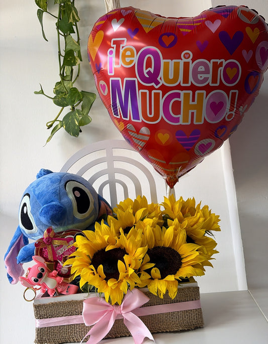 Combo Stitch enamorado con girasoles y globo